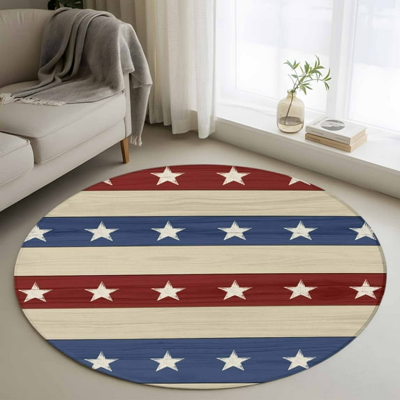 4th of July Round Rugs 3ft, Blue Red Star Striped Independence Day Non Slip Washable Rug Runner, Low Pile Indoor Floor Carpet Mat Bathroom Rugs for Living Room, Bedroom, Kids Room