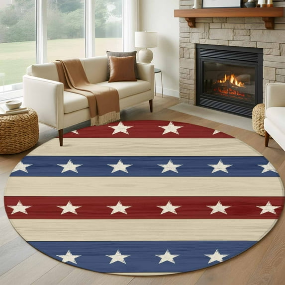 4th of July Round Rugs 5ft, Blue Red Star Striped Independence Day Non Slip Washable Rug Runner, Low Pile Indoor Floor Carpet Mat Bathroom Rugs for Living Room, Bedroom, Kids Room