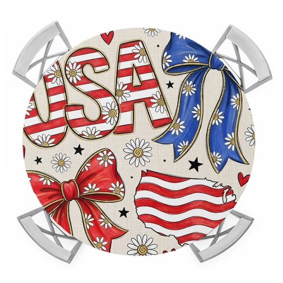 4th of July Round Table Cover, USA Ribbon Bow America Map Daisy Vintage Waterproof Fitted Tablecloths for 45"-54" Tables, Washable Picnic Table Cover for Camping Dining Indoor Outdoor