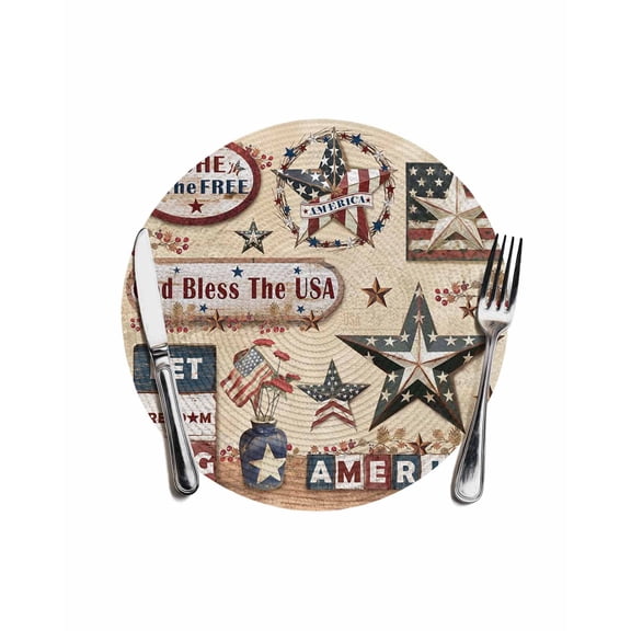 4th of July Round Table Placemats 1 pc, Patriotic Words Washable Woven Place Mats for Dining Tables Kitchen Party Decor,Heat Proof, 13in, Rustic American Barn Star