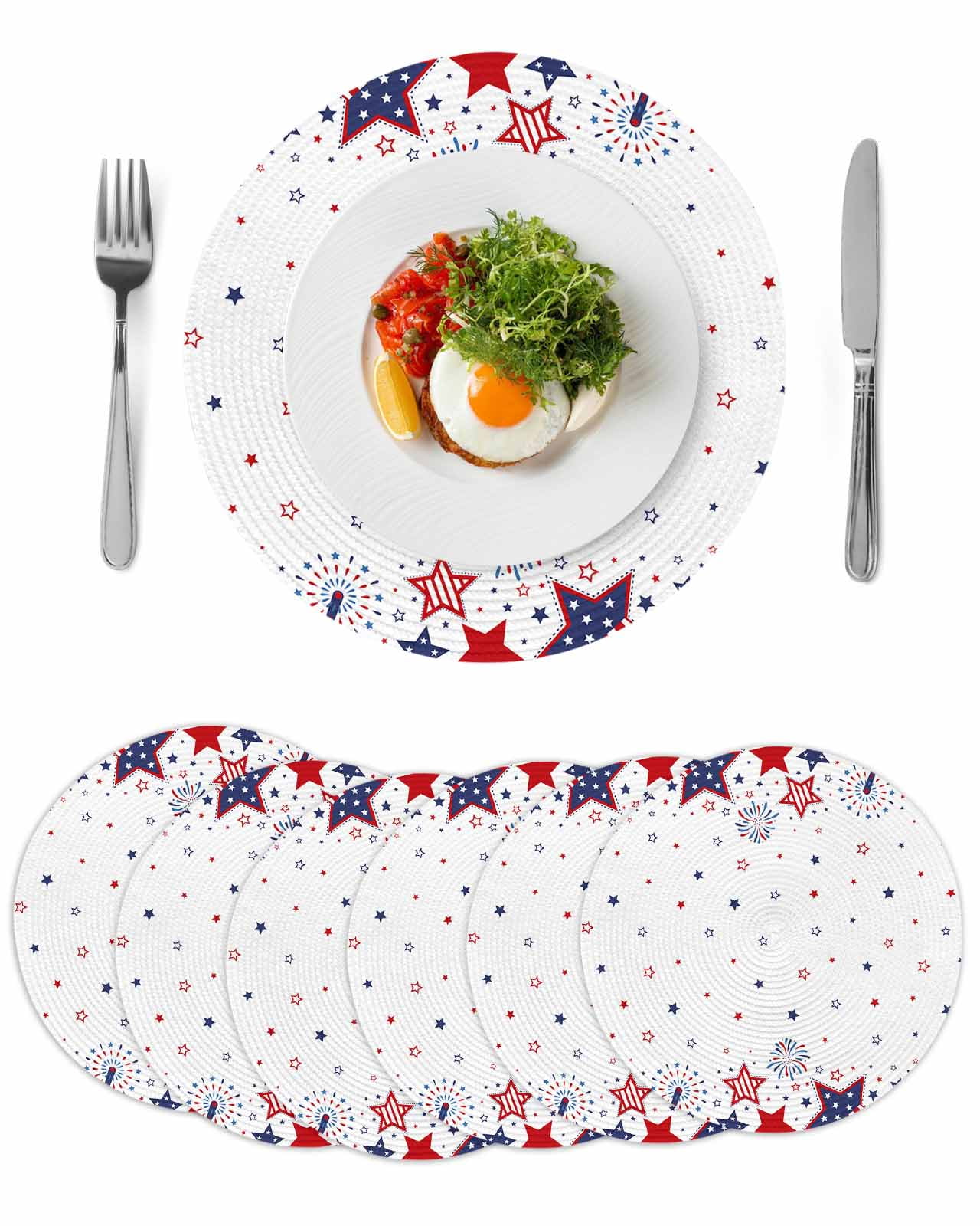 4th of July Round Table Placemats set of 6, Patriotic Red Blue Stars Fireworks Washable Woven Place Mats for Dining Tables Kitchen Party Decor,Heat Proof, 13in, White