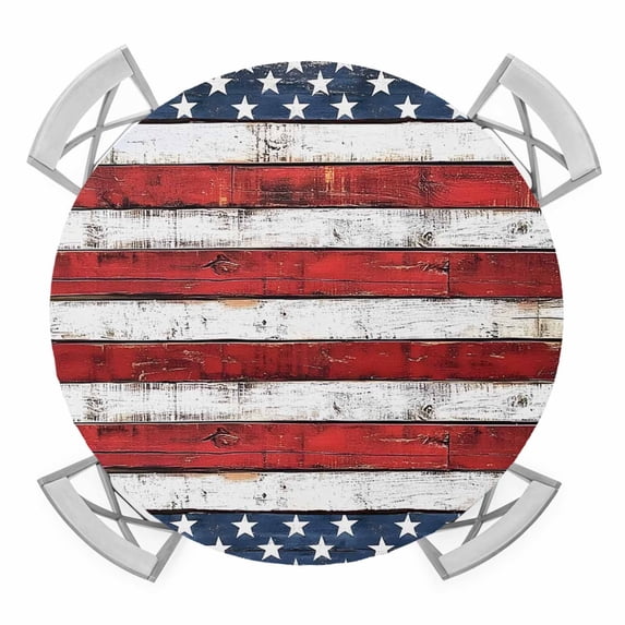 4th of July Round Tablecloth for 36-44 Inch Tables, Fitted Table Cover with Elastic Edge, Independence Day Blue Star Red Stripe Waterproof Outdoor Table Cloth Protector for Patio Garden Dinner Picnic