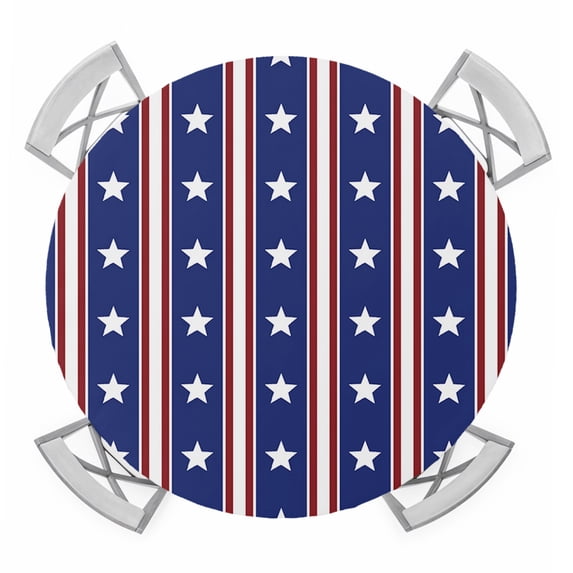 4th of July Round Tablecloth for 36-44 Inch Tables,Fitted Table Cover with Elastic Edge,Independence Day Blue White Red Stripes Country Star Waterproof Outdoor Table Cloth Protector for Patio Dinner