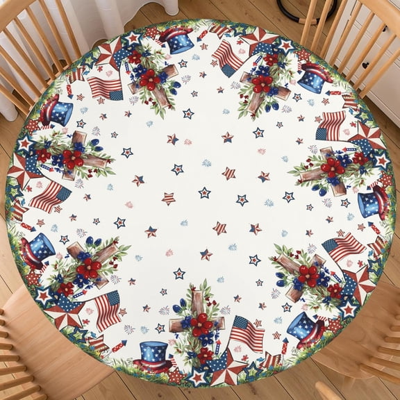4th of July Round Tablecloth 44-48 inch, Patriotic Independence Day Fitted Table Cloth Elastic Edge, American Flag Stars Memorial Day Table Cover Waterproof Washable, Picnic Camping Dining