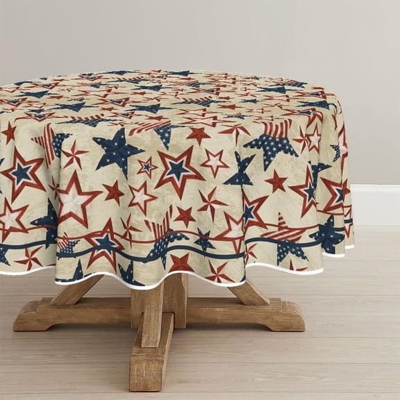 4th of July Round Tablecloth 60×60 Inch Round, Patriotic Memorial Day Blue Red Star Independence Day Washable Table Cover for Party Picnic Dinner Decor