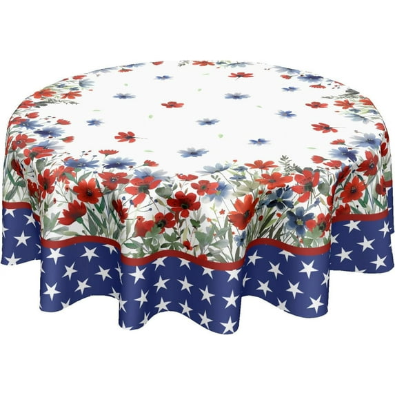 4th of July Round Tablecloth 60 Inch Watercolor Red Blue Floral Patriotic Decorative Table Cloth Independence Day Memorial Day Polyester Table Cover for Kitchen Dining Room Indoor Outdoor Home Decor