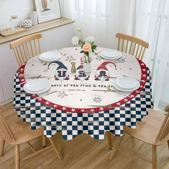 4th of July Round Tablecloth 60 Inch - Waterproof Fabric Table Cloth Protector, Independence Day Gnomes Vintage Buffalo Plaid Tablecloths Washable Table Cover for Kitchen Banquet Coffee Table Party