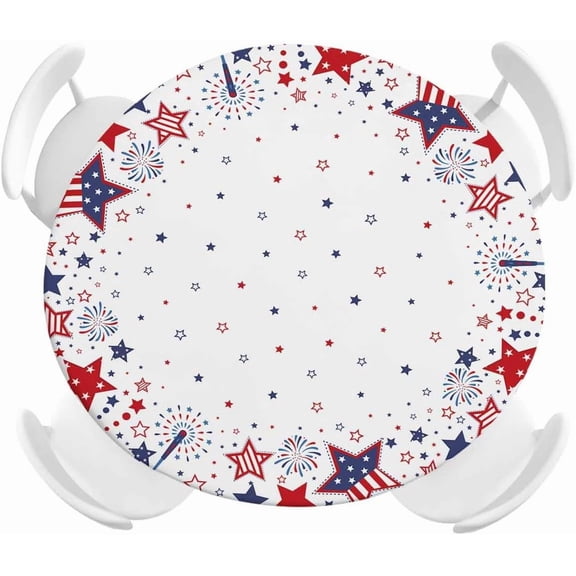 4th of July Round Tablecloth Fitted Elastic Edged Table Cover Red White and Blue Stars Firework American Flag Waterproof Oil-Proof Patriotic Table Cloth(Round Tight Fits Table up to 45"-54" Diameter)