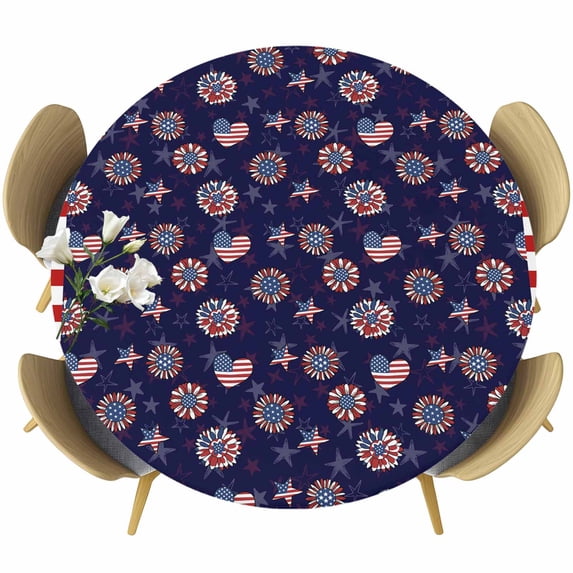 4th of July Round Tablecloth, Fitted Table Cover with Elastic for 45"-54" Round Tables, Navy US Flag Independence Day Stars Red Stripes Table Cloth Outdoor Indoor Dinning Party Waterproof Tablecloths