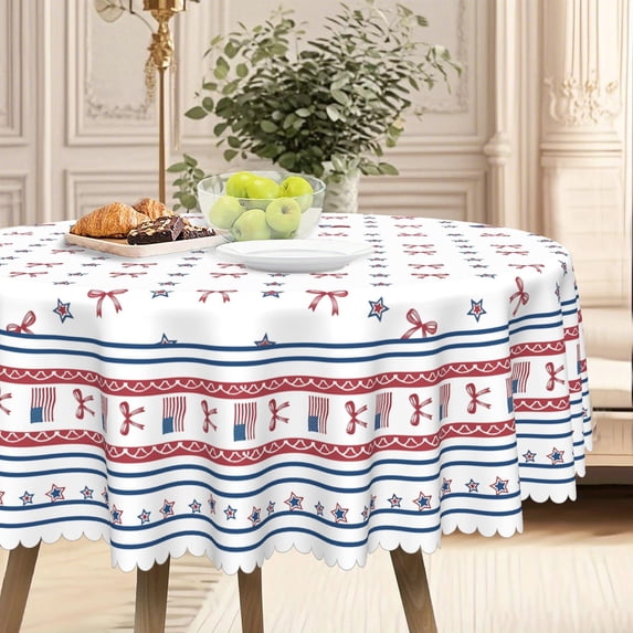 4th of July Round Tablecloth,Patriotic Bow and Star Pattern,Spill Proof Soft Table Cover with Wavy Lace Edge for Independence Day,Kitchen,Dining,Party Decor