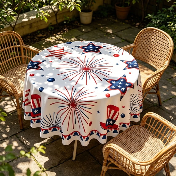 4th of July Round Tablecloth, Patriotic Star Table Cover, Waterproof Stain Resistant Polyester Tablecloth, Independence Day BBQ Picnic Dining Table Decor, 60"