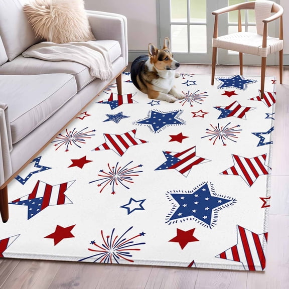 4th of July Runner Rug 2.7x5 FT, Non Slip Entryway Carpet, Independence Day Blue Red Star Fireworks Washable Soft Floor Carpet Entrance Mat Non-Shedding Throw Rug for Hallway Laundry Room Bedside