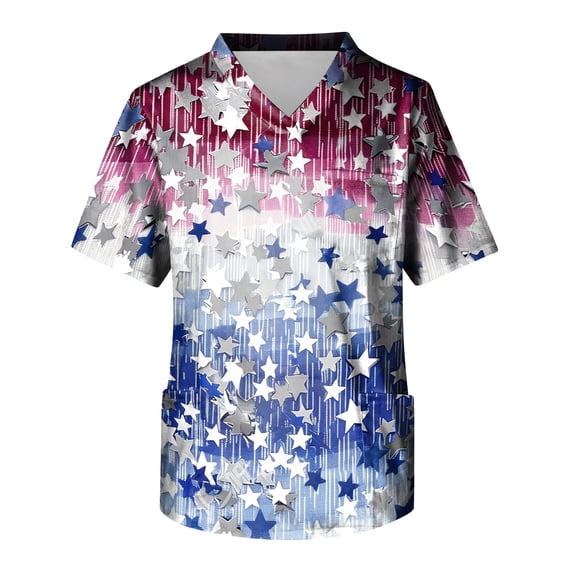4th of July Scrub Top for Men 250th Anniversary USA – Patriotic, 3 Pockets, Tailored Fit, Modern V-Neck, 4-Way Stretch, Moisture-Wicking 03-Light Blue XL