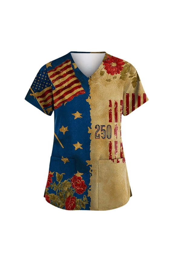 4th of July Scrub Tops for Women Casual Short Sleeve American Flag Print Scrub Shirts V Neck Independence Day Celebration Party Scrubs Nursing Uniform Medical Nurse Workwear with Pockets Camel 3XL