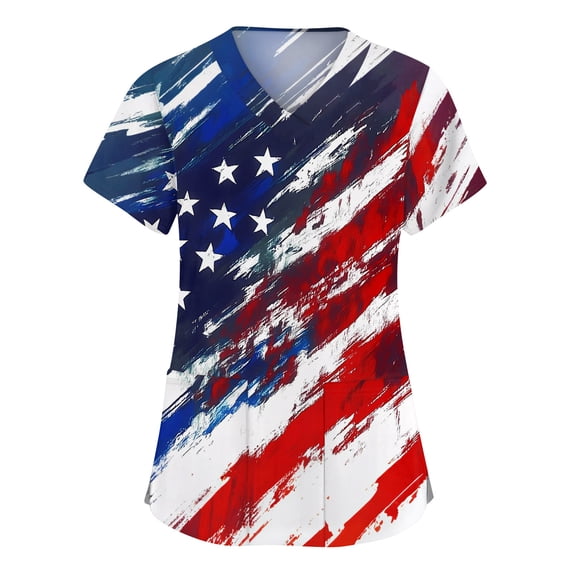 4th of July Scrub Tops for Women Casual Short Sleeve American Flag Print Scrub Shirts V Neck Independence Day Patriotic Scrubs Medical Nurse Uniform Nursing Workwear with Pockets Vermilion S