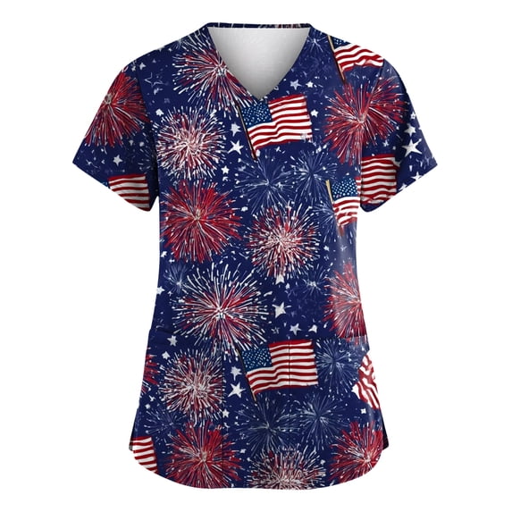 4th of July Scrub Tops for Women Casual Short Sleeve American Flag Print Scrubs V Neck Independence Day Patriotic Scrub Shirts Nursing Uniform Medical Nurse Workwear with Pockets Royal Blue L