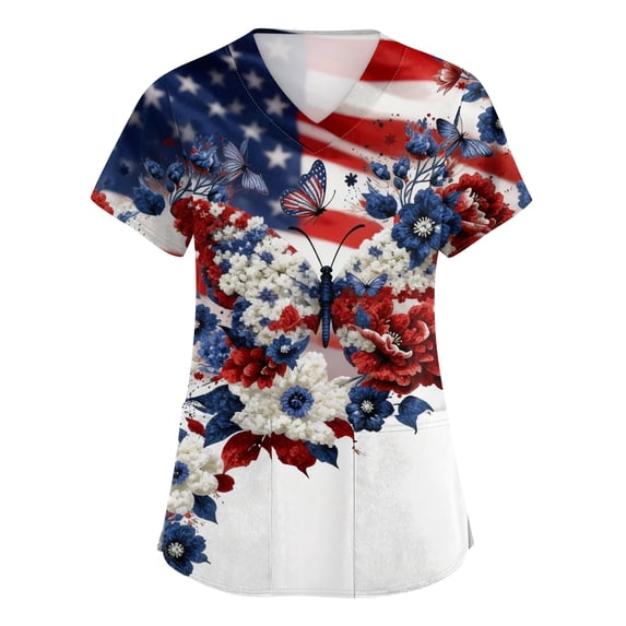 4th of July Scrub Tops for Women Casual Short Sleeve USA Flag Print Scrubs V Neck USA 250th Anniversary Celebration Party Scrub Shirts Medical Nurse Uniform Nursing Workwear with Pockets Red 4XL