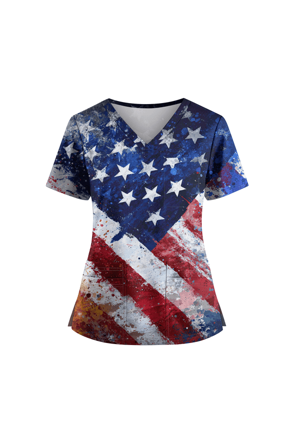 4th of July Scrub Tops Women Loose Short Sleeve American Flag Print Scrub Shirts V Neck Independence Day Celebration Party Scrubs Nursing Workwear Medical Nurse Uniform with Pockets Blue L