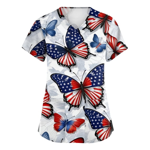 4th of July Scrub Tops for Women Loose Short Sleeve American Flag Print Scrub Shirts V Neck USA 250th Anniversary Celebration Party Scrubs Medical Nurse Workwear Nursing Uniform with Pockets Navy 5XL