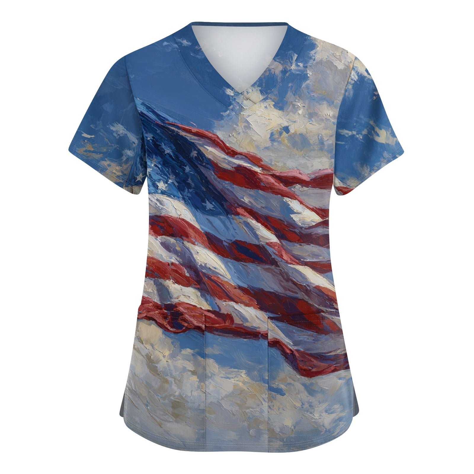 4th of July Scrub Tops Women Loose V Neck Red White and Blue Print ...