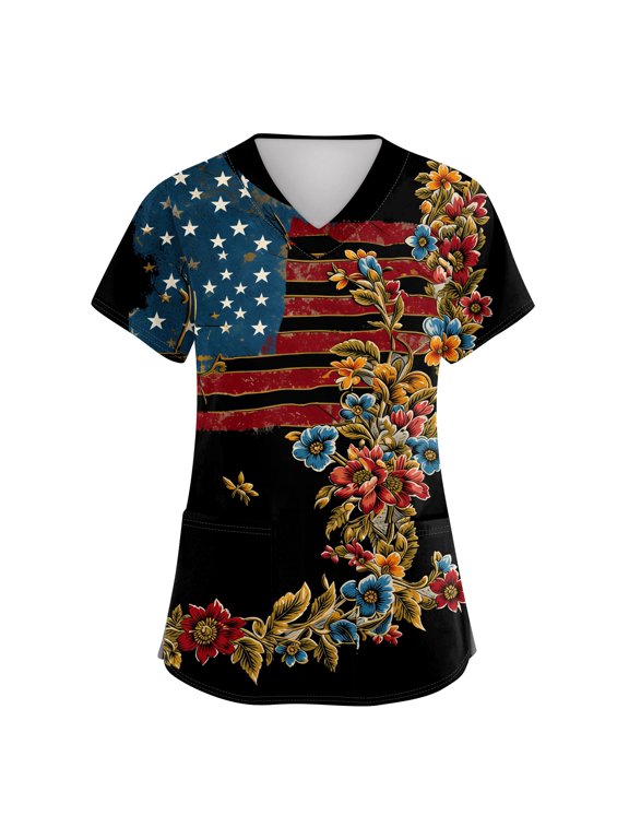 4th of July Scrub Tops for Women Plus Size Casual V Neck USA Flag Print Scrubs Short Sleeve Independence Day Patriotic Scrub Shirts Nursing Uniform Medical Nurse Workwear with Pockets Black 2XL
