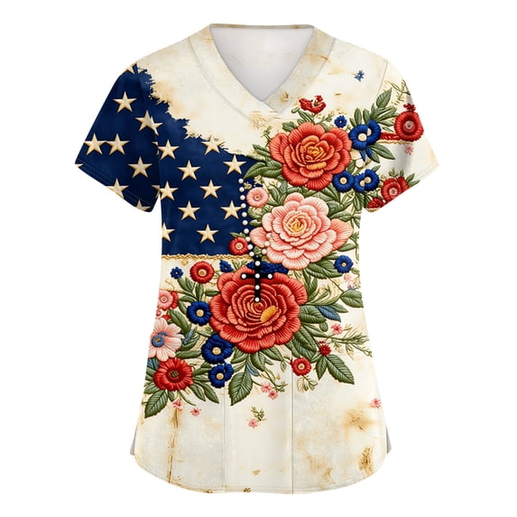 4th of July Scrub Tops Women Plus Size Loose Short Sleeve Red White and Blue Print Scrub Shirts V Neck Independence Day Patriotic Scrubs Nursing Workwear Medical Nurse Uniform with Pockets Beige 2XL