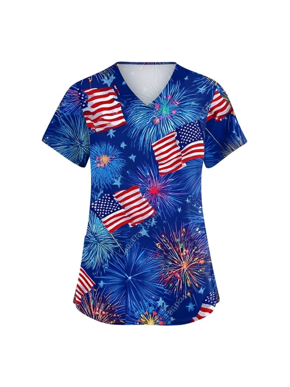 4th of July Scrub Tops Women Plus Size Loose V Neck American Flag Print Scrubs Short Sleeve Independence Day Patriotic Scrub Shirts Nursing Uniform Medical Nurse Workwear with Pockets Navy 3XL