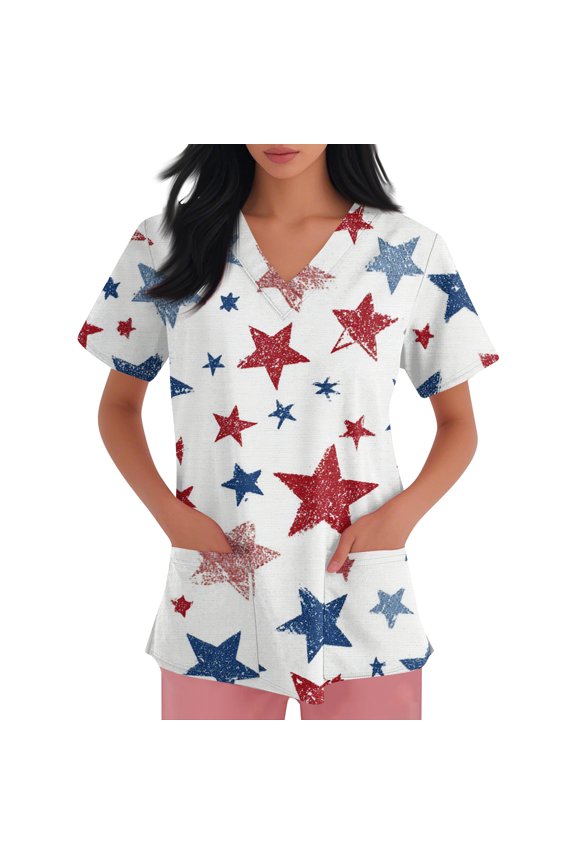 4th of July Scrub Tops for Women Plus Size Short Sleeve V-Neck Red White and Blue Stars Print Working Uniforms American 250th Anniversary Stretch Nursing Medical Scrubs T Shirts with Pockets