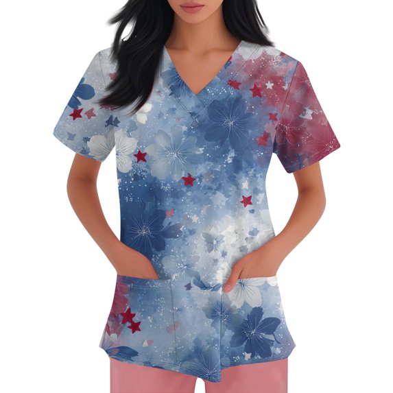 4th of July Scrub Tops Women Short Sleeve V Neck Retro Floral Print Shirts Nursing Working Uniform American 250 Years Anniversary 2026 New Medical Plus Size Scrub T Shirts