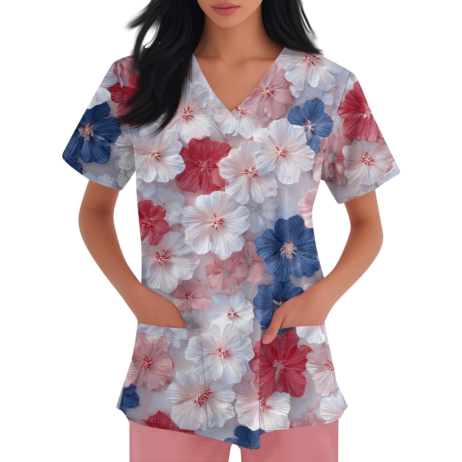 4th of July Scrub Tops Women Short Sleeve V Neck Retro Floral Print ...