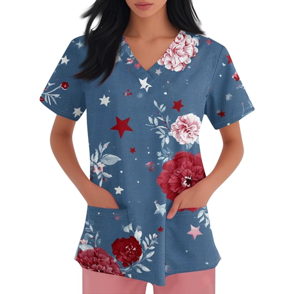 4th of July Scrub Tops Women Short Sleeve V Neck Retro Floral Print Shirts Nursing Working Uniform American 250 Years Anniversary 2026 New Medical Plus Size Scrub T Shirts