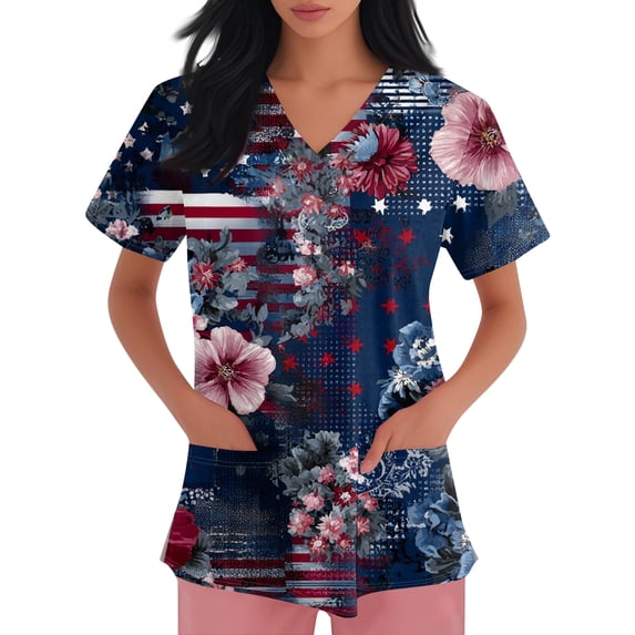 4th of July Scrub Tops Women Short Sleeve V Neck Retro Floral Print Shirts Nursing Working Uniform American 250 Years Anniversary 2026 New Medical Plus Size Scrub T Shirts