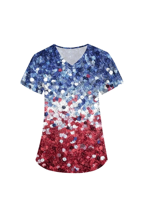 4th of July Scrubs Tops for Women Patriotic Short Sleeve 250th Anniversary Shirts 2026 American Flag Stars Patriotic Workwear Nursing Uniform (Deep Red,S)