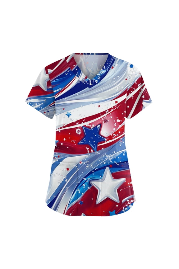 4th of July Scrubs Women Short Sleeve Patriotic Print 250th Anniversary Scrub Tops American Flag Stars Print Medical Nursing Scrubs with Pockets (Red,L)