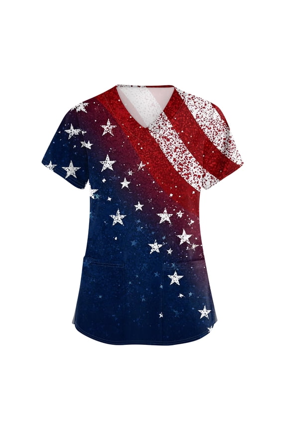 4th Of July Scrubs Women Usa Flag Print Independence Day Patriotic Star V Neck Shirts Short Sleeve Relaxed Fit Breathable Nursing Uniforms with Pockets, #01 Navy, 3XL