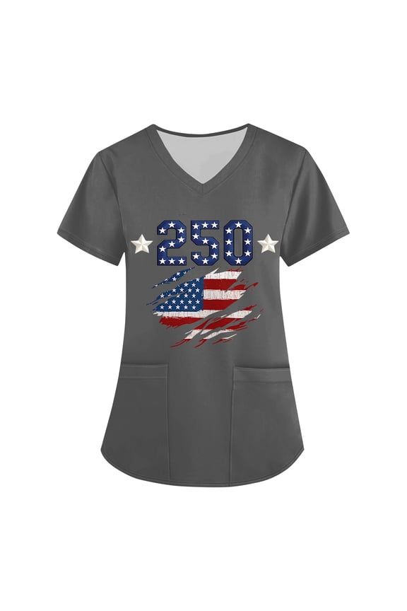 4th Of July Scrubs Women Usa Flag Print Patriotic Star V Neck Nursing Uniforms Short Sleeve Lightweight Regular Fit Quick Dry Tshirt with Pockets, #01 Gray, 3XL