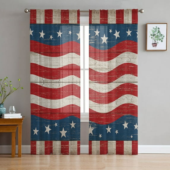 4th of July Semi Sheer Curtains 72 Inch Length 2 Panels Set, Vintage Red Beige Stripes Independence Day Sheer Kitchen Curtain Privacy Voile Window Curtain for Living Room Bedroom Rod Pocket Drapes