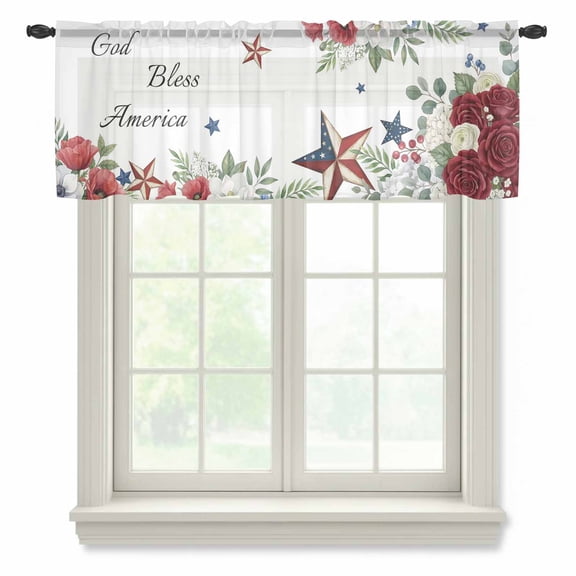 4th of July Semi Sheer Valance Curtains God Bless America Stars Red Flowers Leaf Patriotic Voile Valances Curtain Rod Pocket Small Window Treatment for Kitchen Bathroom Cafe 60"x18"