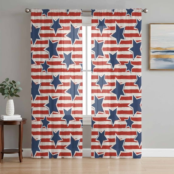 4th of July Semi Sheer Window Curtains 72 Inches Long, Independence Day Blue Star Red Striped Rustic Rod Pocket Voile Silky Chiffon Curtain Light Filtering Drapes for Living Room, 52"x72", 2 Panels