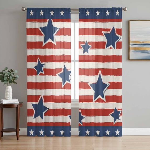 4th of July Semi Sheer Window Curtains 72 Inches Long, Independence Day Patriotic Red Striped Blue Star Rod Pocket Voile Chiffon Curtain Light Filtering Drapes for Living Room, 52"x72", 2 Panels