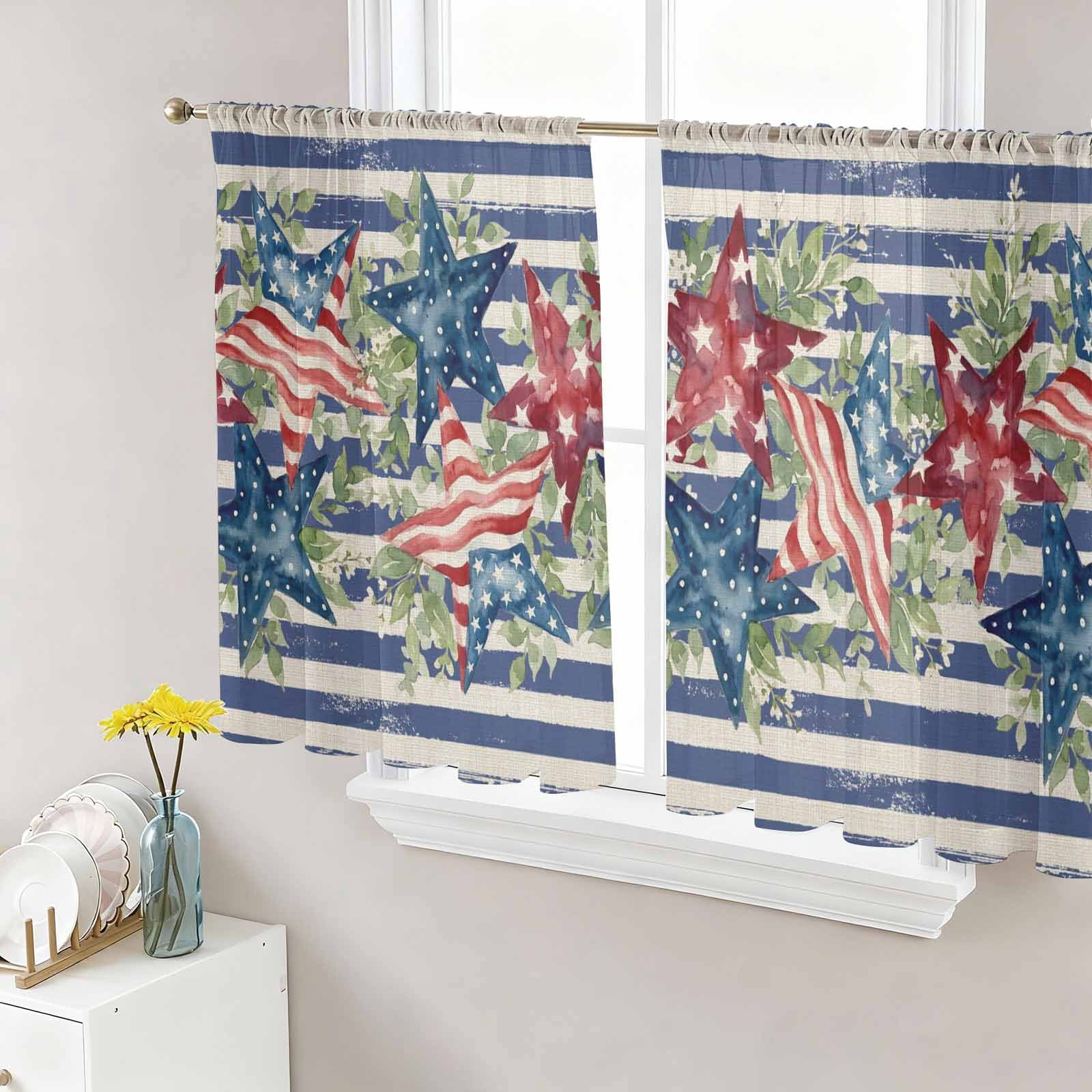 4th of July Sheer Curtains 45 Inch Length 2 Panels Set, Red Blue Stars ...