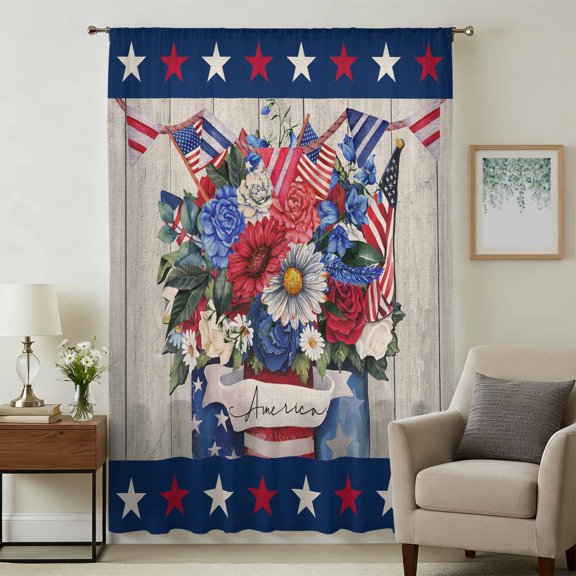 4th of July Sheer Curtains 45 Inches Long, Blue Red Floral Vintage Independence Day Light Filering Curtains, Breathable Simi Curtain Privacy Drapes for Kitchen Bathroom Small Window Treatment