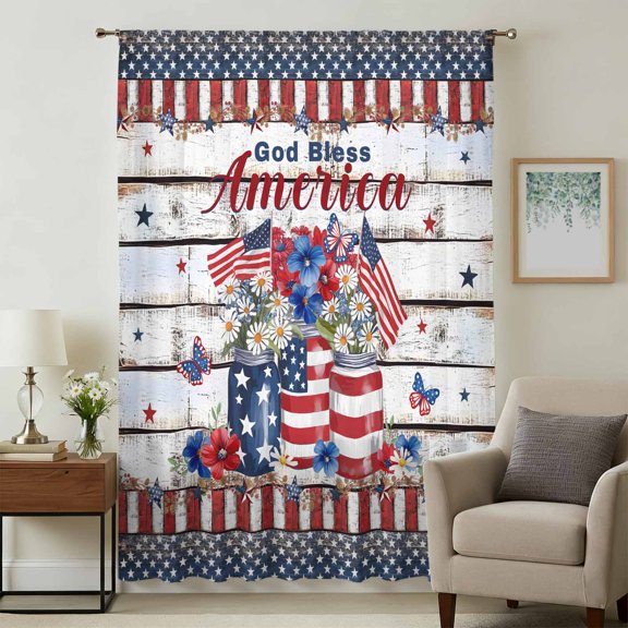 4th of July Sheer Curtains 45 Inches Long, Independence Day Blue Red Floral Vintage Light Filering Curtains, Breathable Simi Curtain Privacy Drapes for Kitchen Bathroom Small Window Treatment