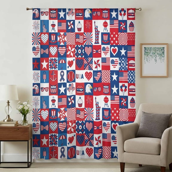 4th of July Sheer Curtains 45 Inches Long, Red White and Blue Plaid Patriotic Memorial Day Light Filering Curtains, Breathable Simi Curtain Privacy Drapes for Kitchen Bathroom Small Window Treatment