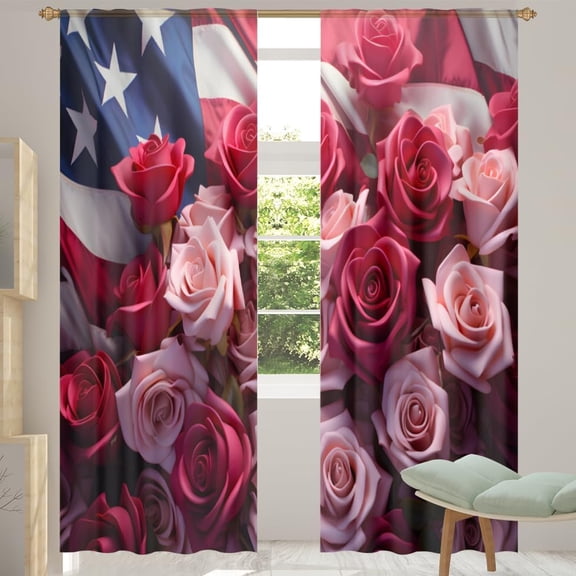 4th of July Sheer Curtains 52" W x 84" L x 2 Panels Set, Blue Star Heart Printed Window Curtain Semi Sheers Window Treatment for Bedroom Dining Room Drapes Independence Day Decorations