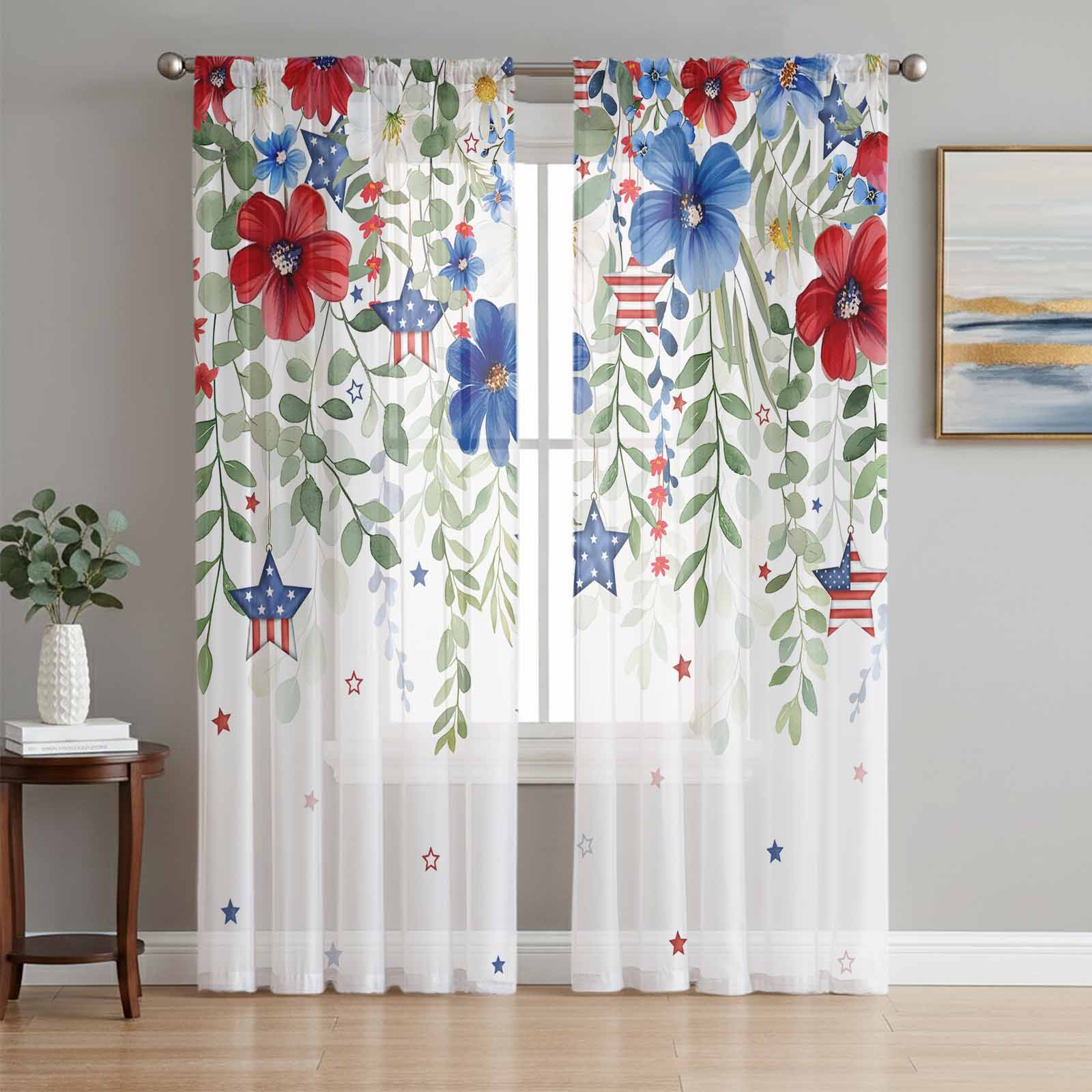 Blue Red Spring 4th of July Sheer Curtains 63 Inch Length 2 Panels Set, Blue Red Spring ...