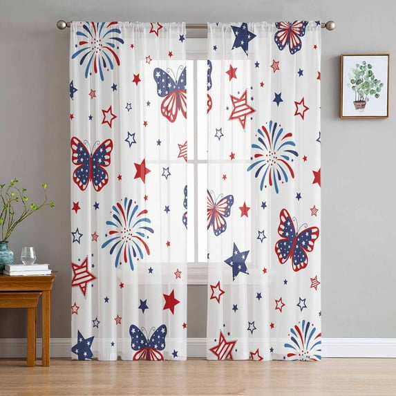 4th of July Sheer Curtains 84 Inches Long 2 Panels Set, Window Sheer Curtains for Living Room/Bedroom, Butterfly Star Blue Red Fireworks Independence Day Light Filter Rod Pocket Curtain 52''x84''x2