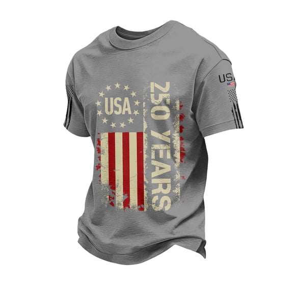 4th of July Shirts Men Short Sleeve T Shirts Casual Red White and Blue Print Pullover Independence Day Patriotic Tops USA 250th Anniversary Celebration Party Crew Neck 1776-2026 Tees Light Gray S