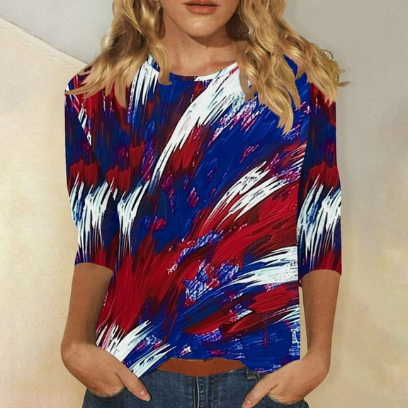 4th of July Shirts Red White and Blue Blouse Women Patriotic T Shirts Women Red White and Blue Tops 4th of July Tee Women Independence Day Fashion Printed Round Neck 3/4 Sleeve T-Shirt Top