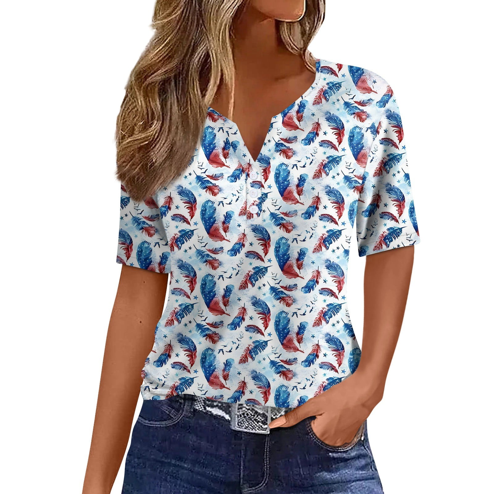 4th of July Shirts for Women 3/4 Length Sleeve Tops Casual American Flag Print Button Button